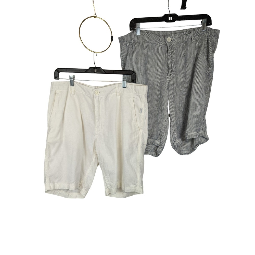 Onia Mens 100% Linen Shorts Lot of 2 Size 34 Cream Solid Blue Striped Casual